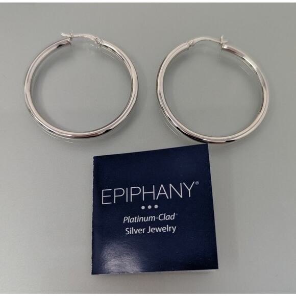 Epiphany Platinum-Clad .925 Sterling Silver Hoop Earrings Classic Medium Hoops - Picture 1 of 3
